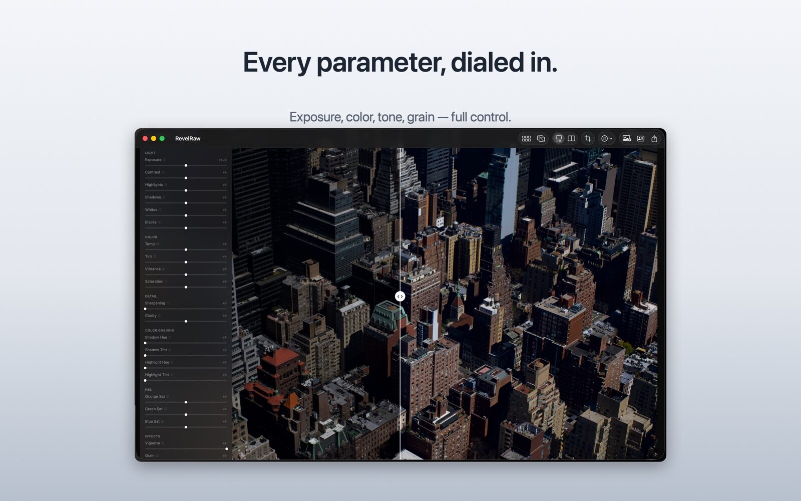 RevelRaw fine-tune panel: a sidebar of sliders grouped into Light, Color, Detail, Color Grading, HSL and Effects, beside a split-view preview of the edited photograph.