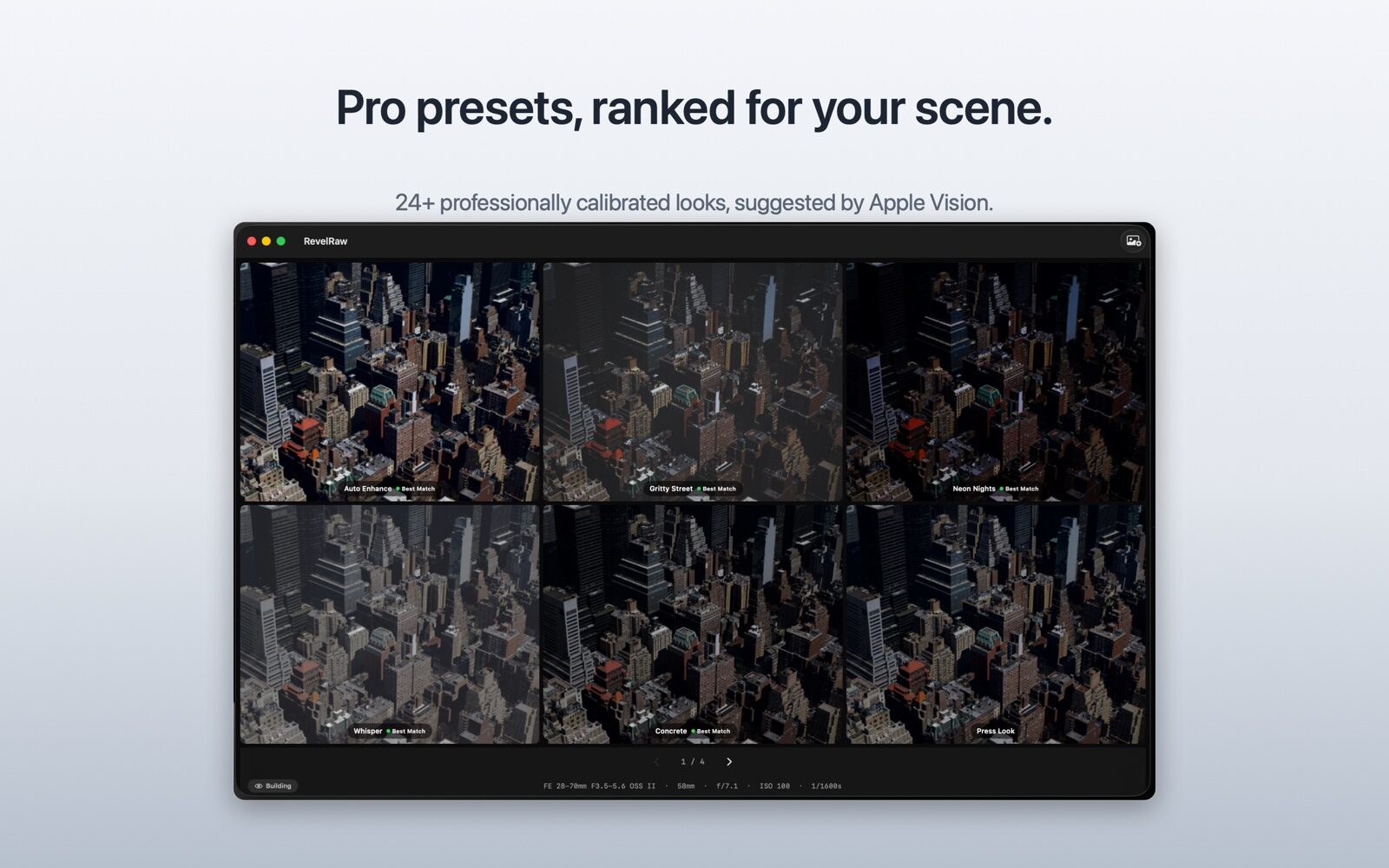RevelRaw's preset library on macOS: a six-up grid of curated looks — Auto Enhance, Gritty Street, Neon Nights, Whisper, Concrete and Press Look — each ranked as a best match for a city-skyline photograph.