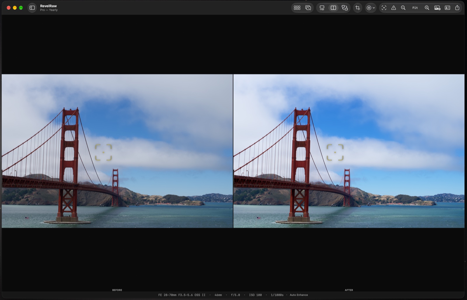 RevelRaw mostra affiancate la foto originale del Golden Gate Bridge a sinistra e la versione modificata, più luminosa, a destra.