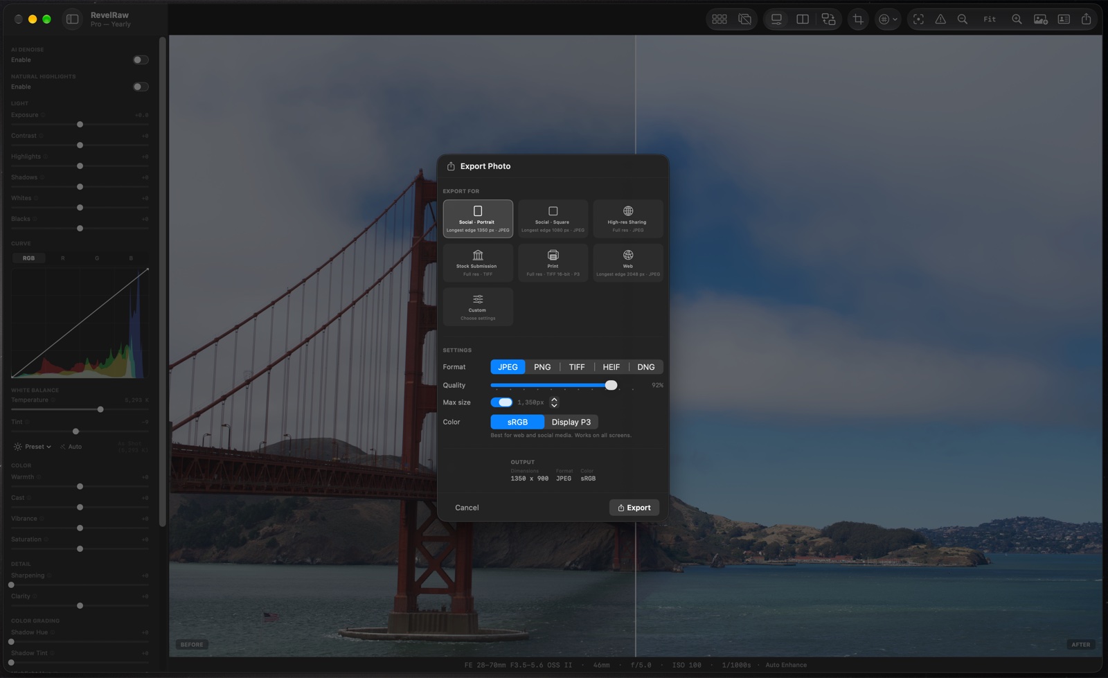 La finestra di esportazione di RevelRaw con i preset per social, stampa e web, oltre alle impostazioni di formato, qualità, dimensioni e spazio colore sRGB o Display P3.