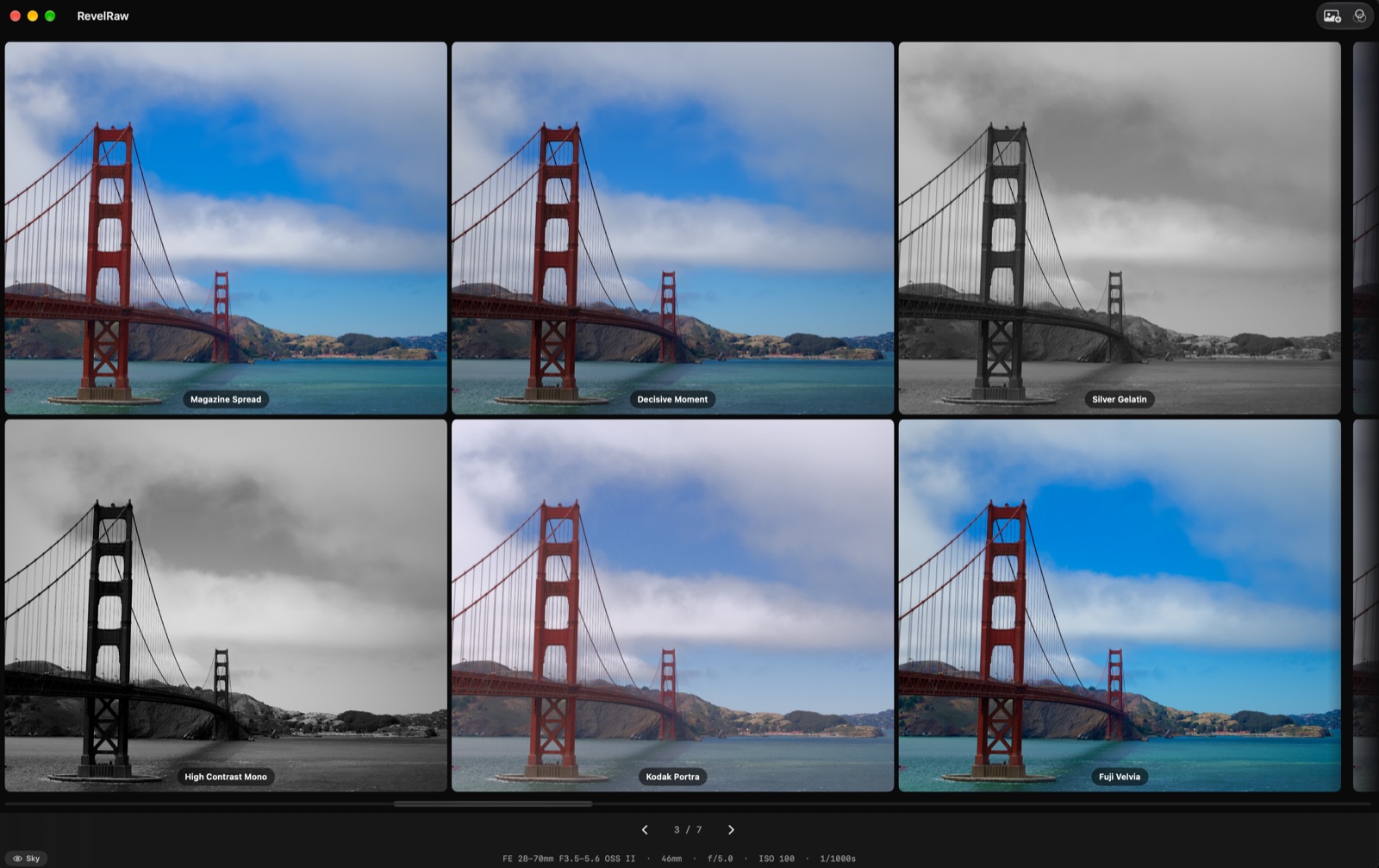 La libreria di preset di RevelRaw mostra sei look a colori e in bianco e nero su una foto del Golden Gate Bridge, tra cui Kodak Portra e Fuji Velvia.